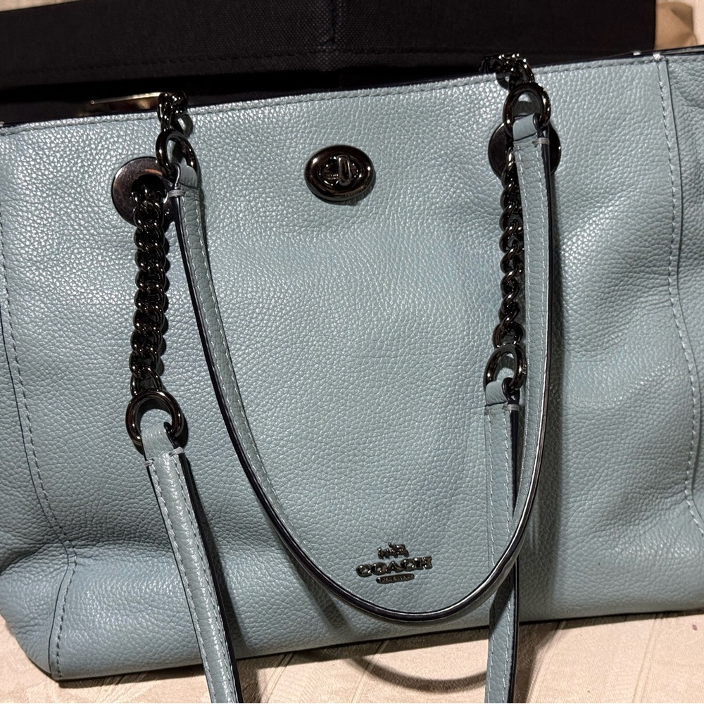 Coach Sky Blue Leather Tote with Chain Straps